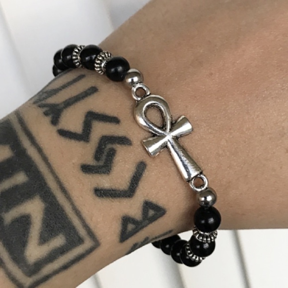 Genuine shinny onyx silver plated ankh bracelet - Picture 5 of 9